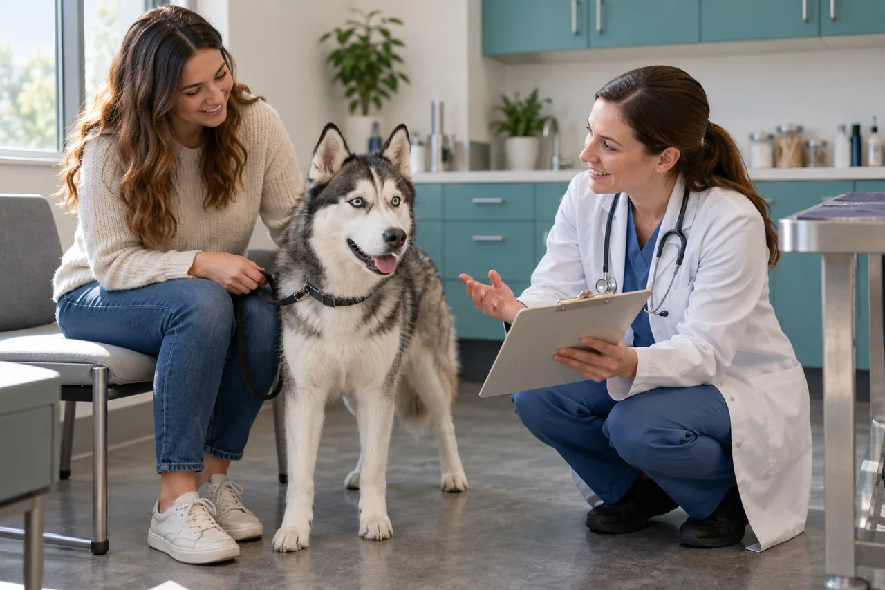 Owner and veterinarian discussing care beside a gray-and-white dog in a clinic